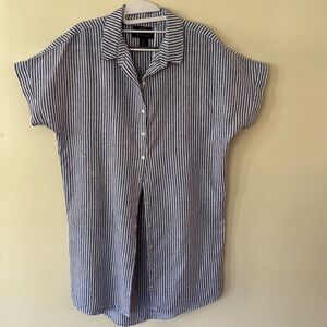 Tahari Ladies Linen Striped Blue & White Button Down Shirt High/Low Size Large